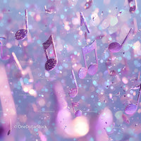 Purple Musical Notes with Glitter and Confetti in Vibrant Celebration Scene