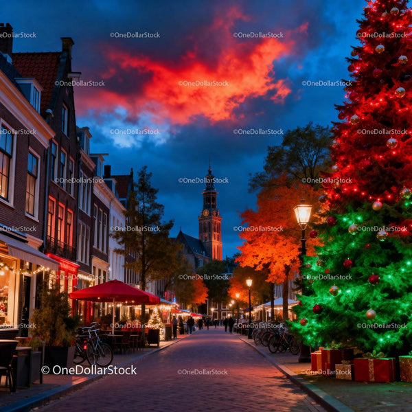 Cozy European street with festive Christmas decorations