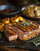 Juicy Grilled Steak with Roasted Potatoes and Herb Garnish