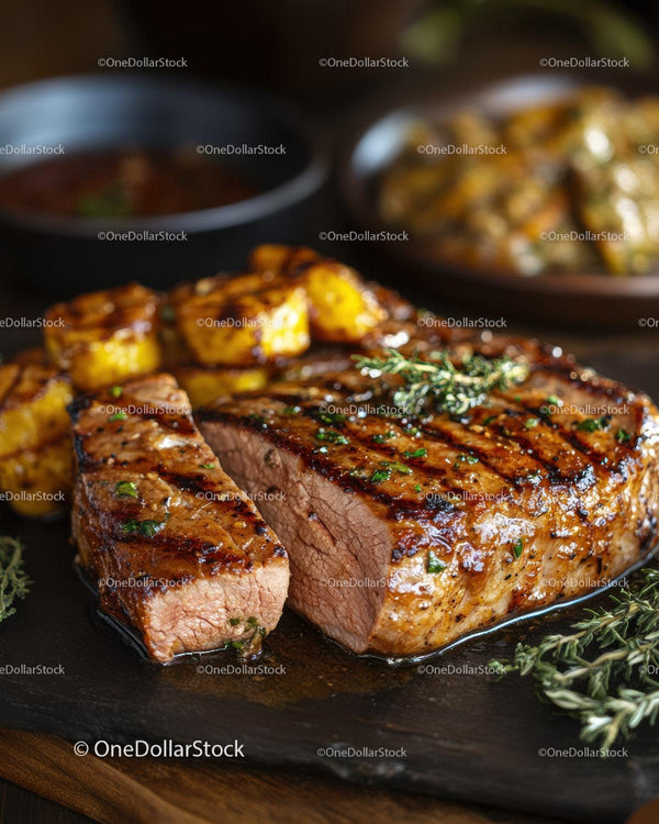 Juicy Grilled Steak with Roasted Potatoes and Herb Garnish