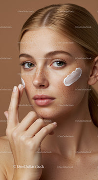 Close-Up of Young Woman Applying Facial Moisturizer with Freckles