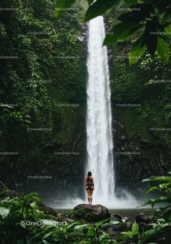 Tropical Jungle Waterfall Scene Featuring a Woman on a Rock
