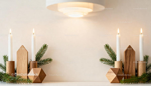 Minimalist Wooden Candle Holders with Green Pine Branches