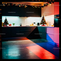 Modern kitchen decorated with festive Christmas lights