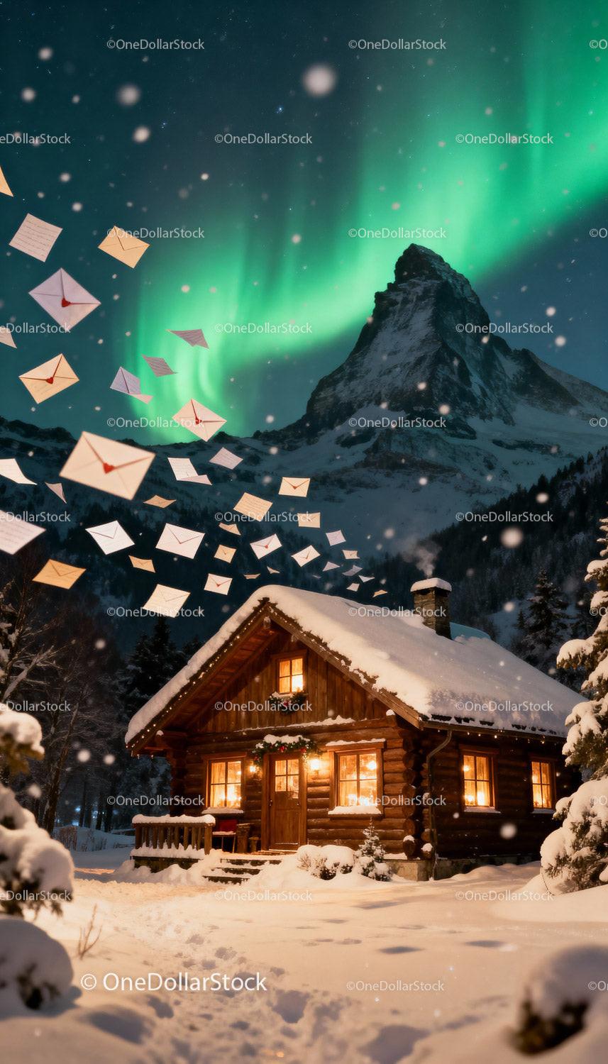 Cozy Snowy Cabin with Northern Lights and Flying Letters