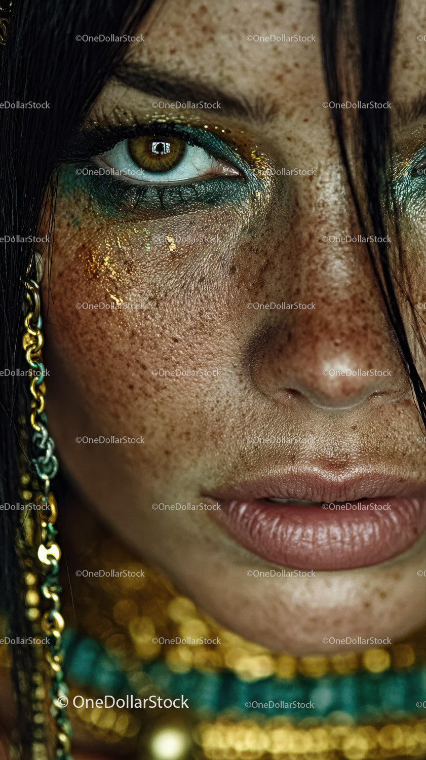 Close-up of Woman with Vibrant Eye Makeup and Colorful Details