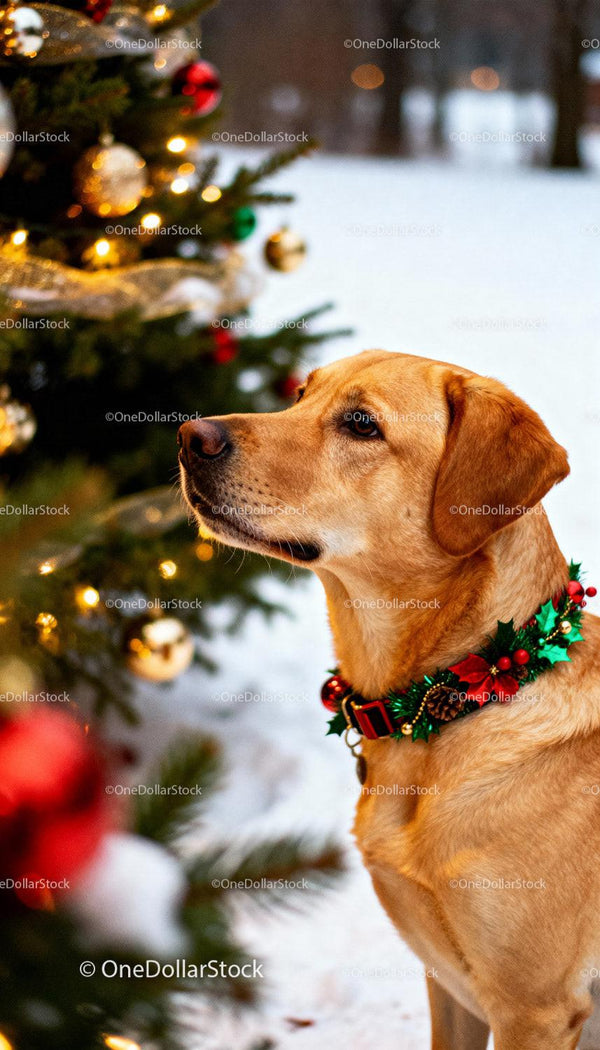 Złoty labrador w świątecznej obroży przy choince
