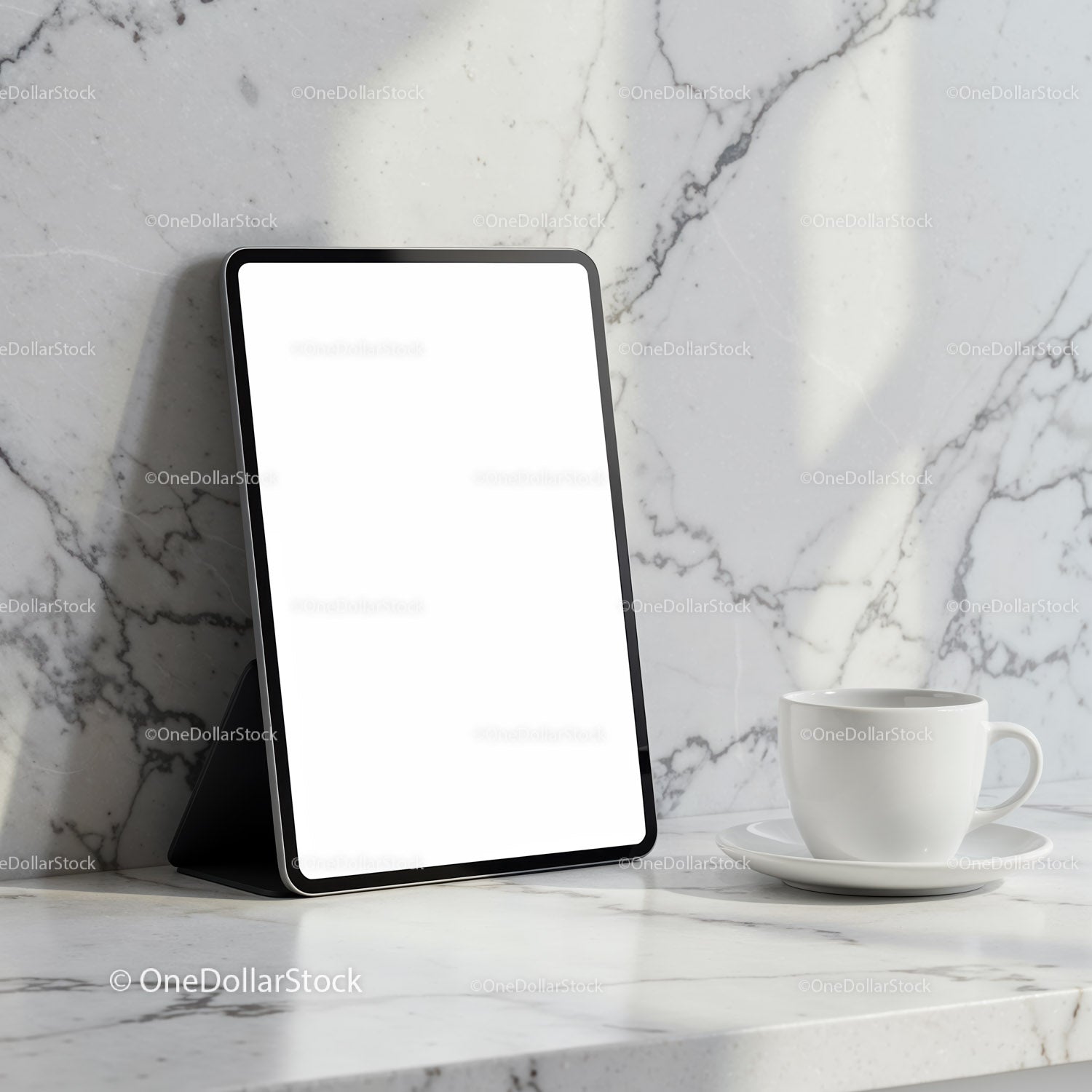 Digital Tablet and Coffee Cup on Marble Surface