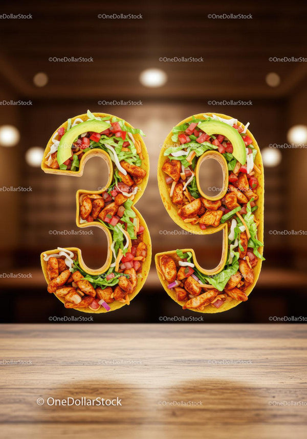 Number 39 Made of Mexican Taco Ingredients on Wooden Table