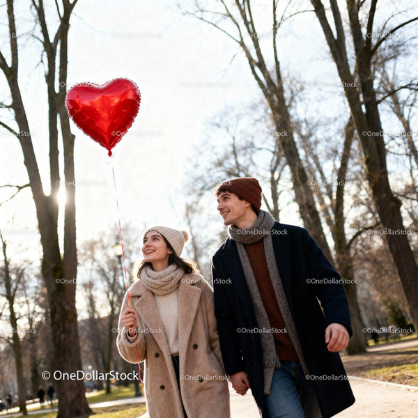 Young couple walking in park with heart balloon