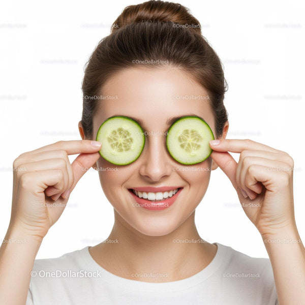 Happy Woman with Cucumber Slices Over Eyes in Skincare Routine