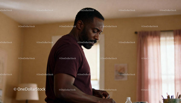 Thoughtful man engaged in a quiet moment at home