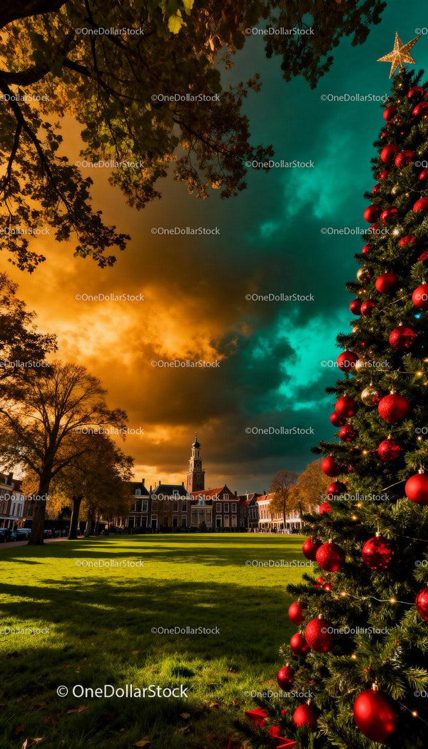Festive Christmas tree in park with dramatic sunset sky