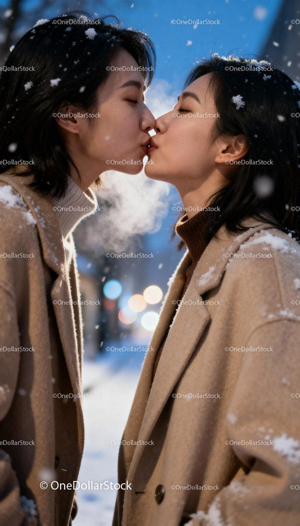 Couple sharing a tender kiss on a snowy winter evening