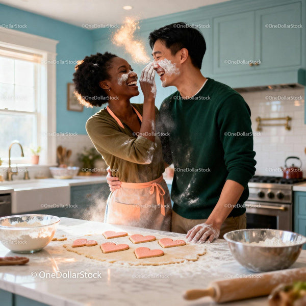 Couple Playfully Baking Valentine Cookies Together