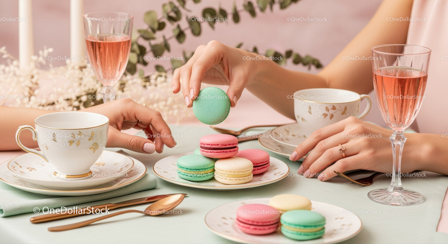 Eleganckie przyjęcie herbaciane z kolorowymi makaronikami i delikatną porcelaną w pastelowych kolorach