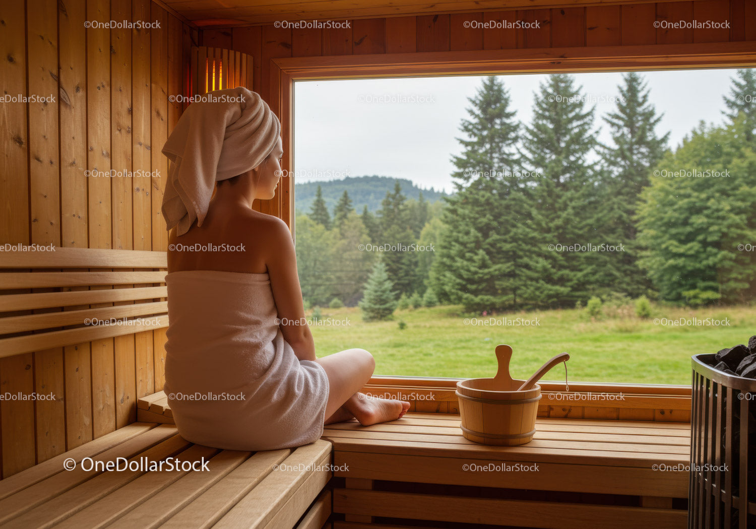 Woman Relaxing in Wooden Sauna with Scenic Forest View