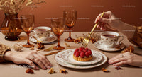 Elegant Tea Time with Raspberry Tart and Vintage Tableware