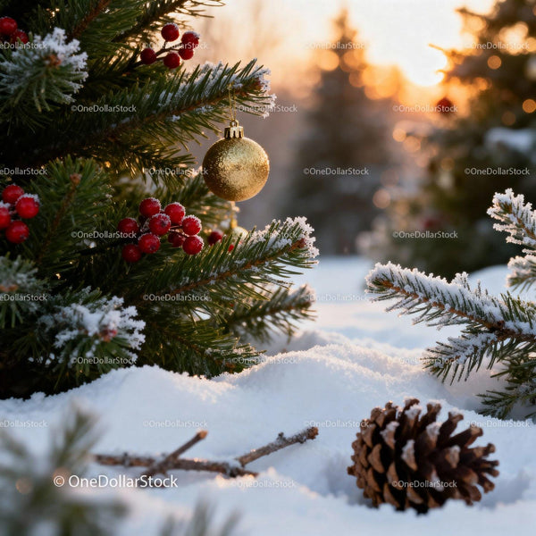 Golden Ornament Hanging on Snowy Christmas Pine Branch