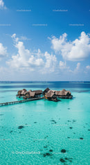 Idyllic Overwater Bungalows on Turquoise Lagoon Under Bright Blue Sky