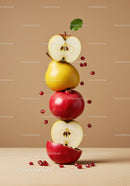 Stacked fresh apples and pear with pomegranate seeds