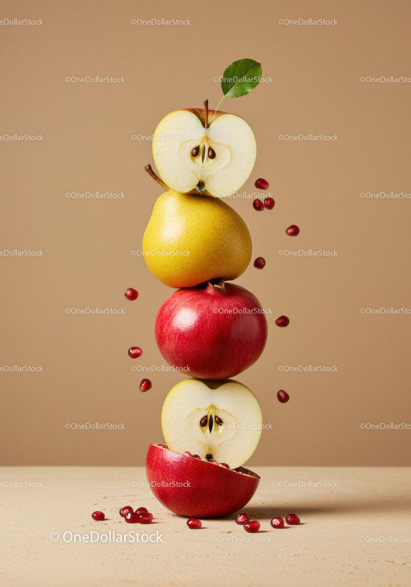 Stacked fresh apples and pear with pomegranate seeds