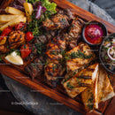 Variety of Grilled Kebabs and Accompaniments on Rustic Serving Tray