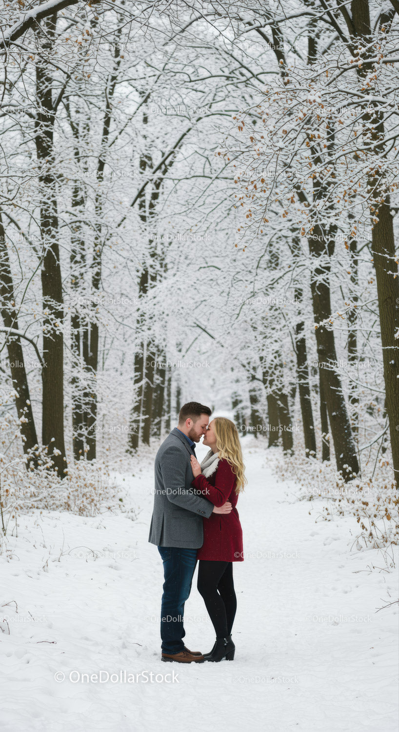 Couple Sharing Intimate Moment in Snowy Winter Forest