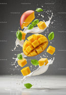 Fresh mango cubes splashing in creamy milk with basil