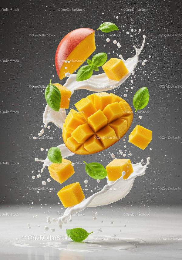 Fresh mango cubes splashing in creamy milk with basil