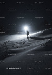 Lonely figure standing in snowy night under bright light