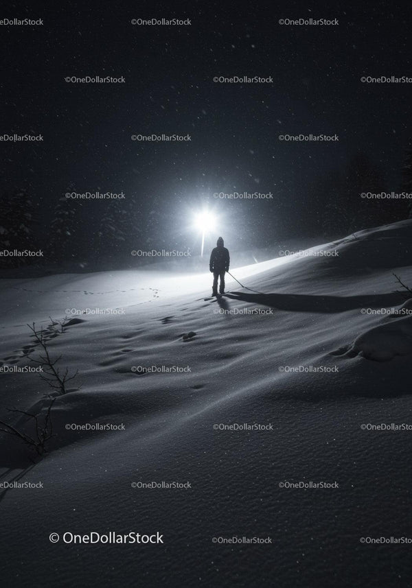 Lonely figure standing in snowy night under bright light