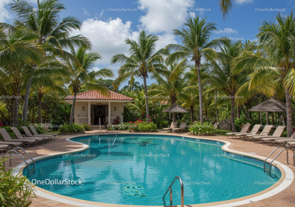 Tropical Resort with Pool Surrounded by Palm Trees and Lounge Chairs