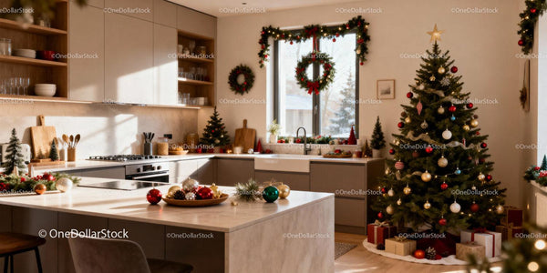 Modern kitchen warmly decorated for Christmas celebration