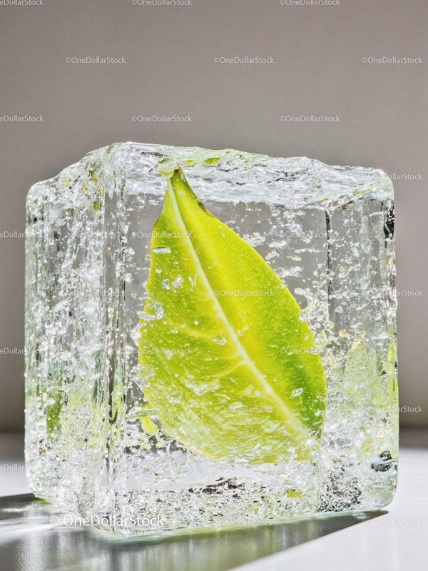 Fresh green leaf frozen inside a clear ice cube