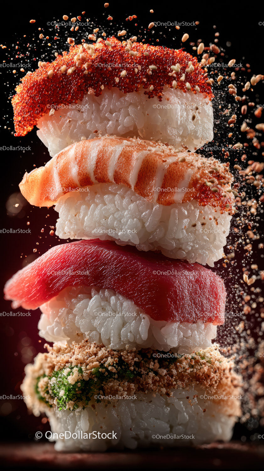 Colorful Sushi with Fresh Fish and Rice on Black Background