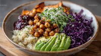 Vibrant Vegan Buddha Bowl with Quinoa, Roasted Chickpeas and Avocado