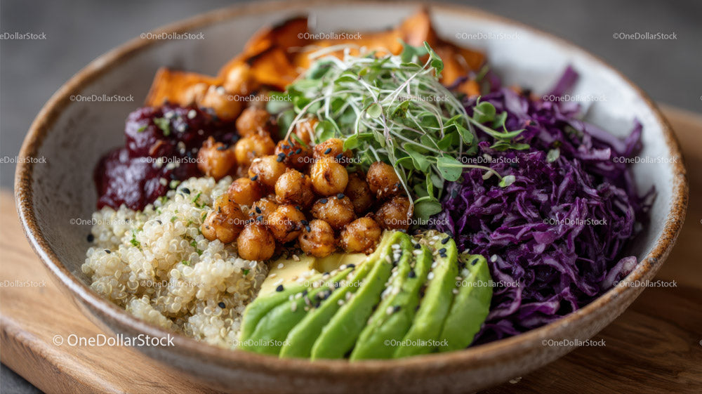 Vibrant Vegan Buddha Bowl with Quinoa, Roasted Chickpeas and Avocado