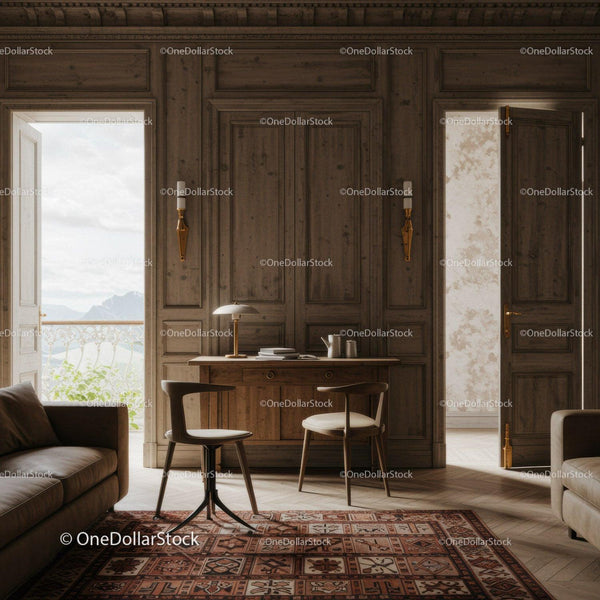 Elegant Vintage Interior with Wooden Walls and Classic Decor