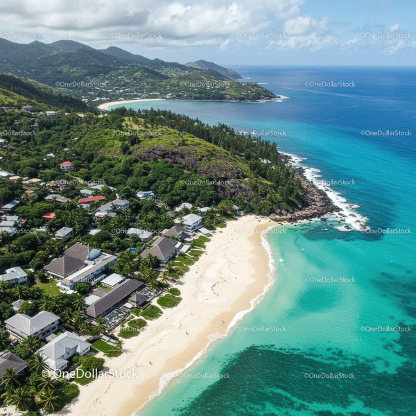Tropical Beach with White Sand and Turquoise Waters Overlooking Mountain Hills