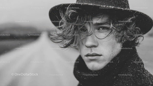 Stylish Man with Curly Hair in Rainy Weather Fashion Portrait