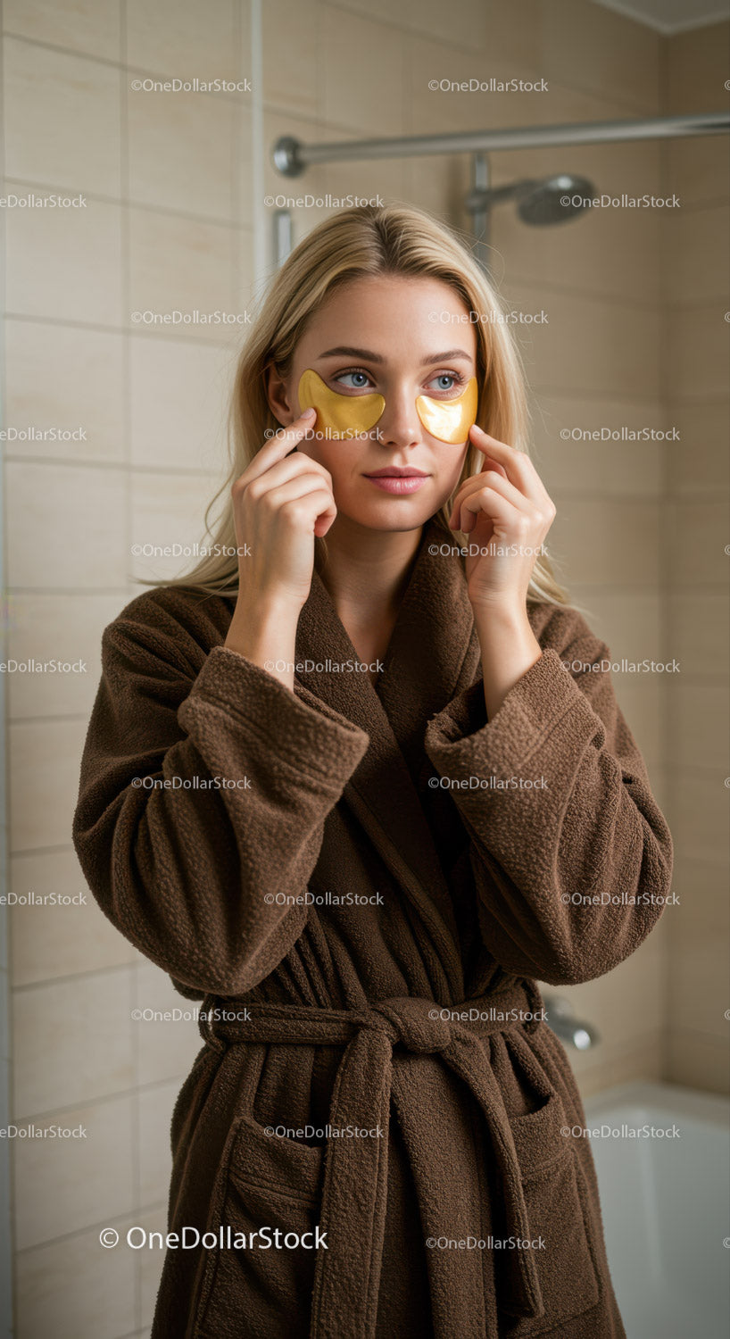 Młoda kobieta ze złotymi plastrami pod oczami w łazience spa