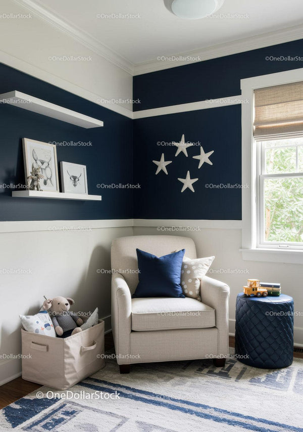 Cute Nursery Room with Navy Blue Accent Wall and Plush Decor