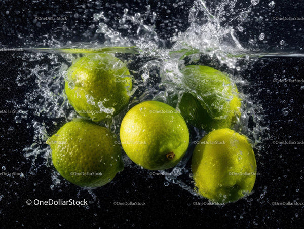 Fresh Green Limes Splashing into Water with Water Splash Effect