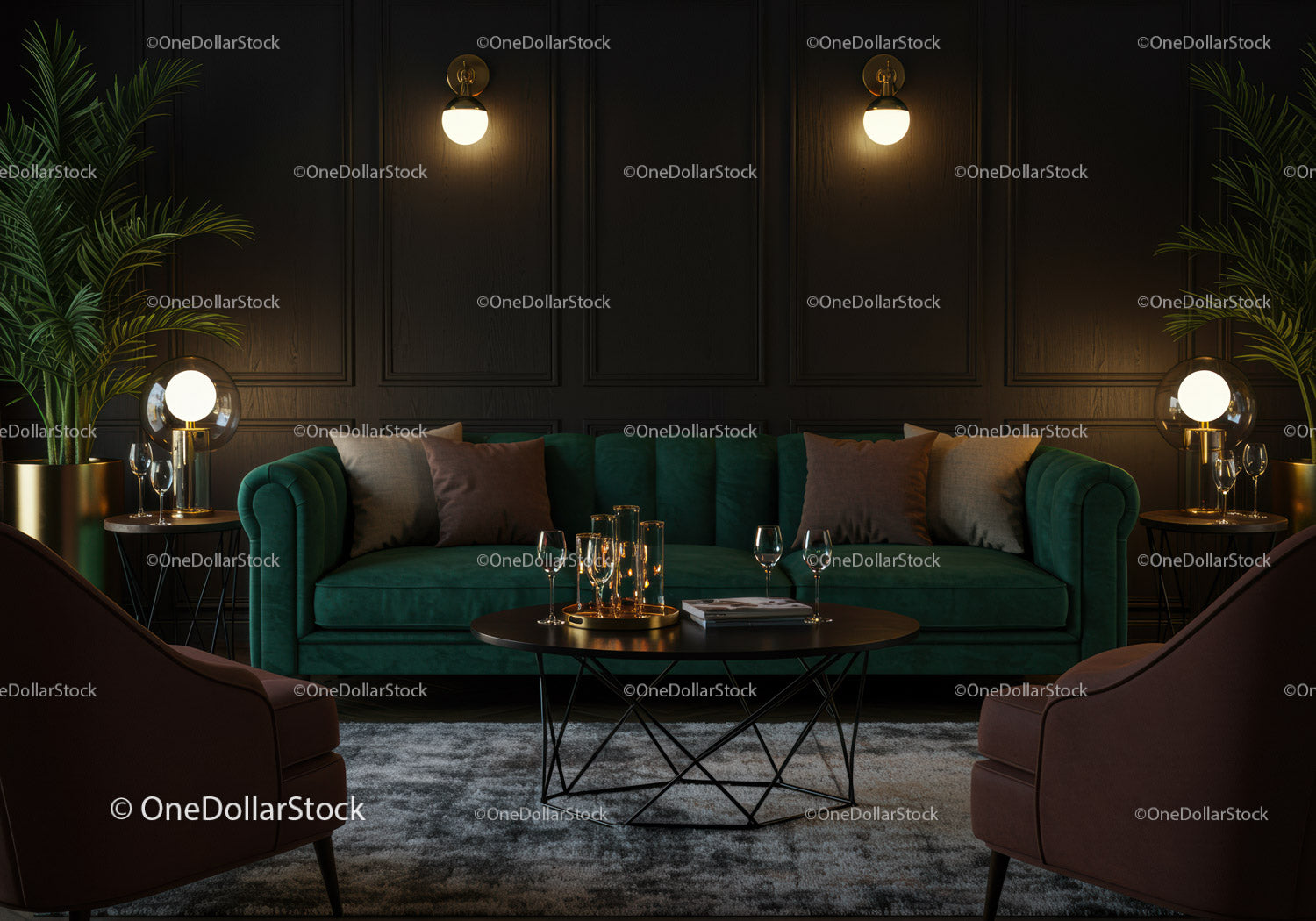 Elegant living room with green sofa and cozy lighting