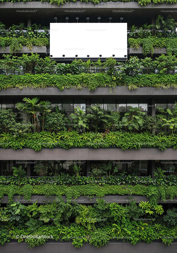 Modern building facade covered with lush green plants JPG Mockup Image