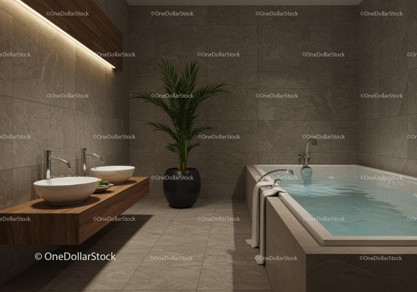 Luxury modern bathroom with spa bathtub and indoor plant
