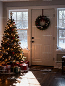 Cozy Christmas tree with gifts by bright front door