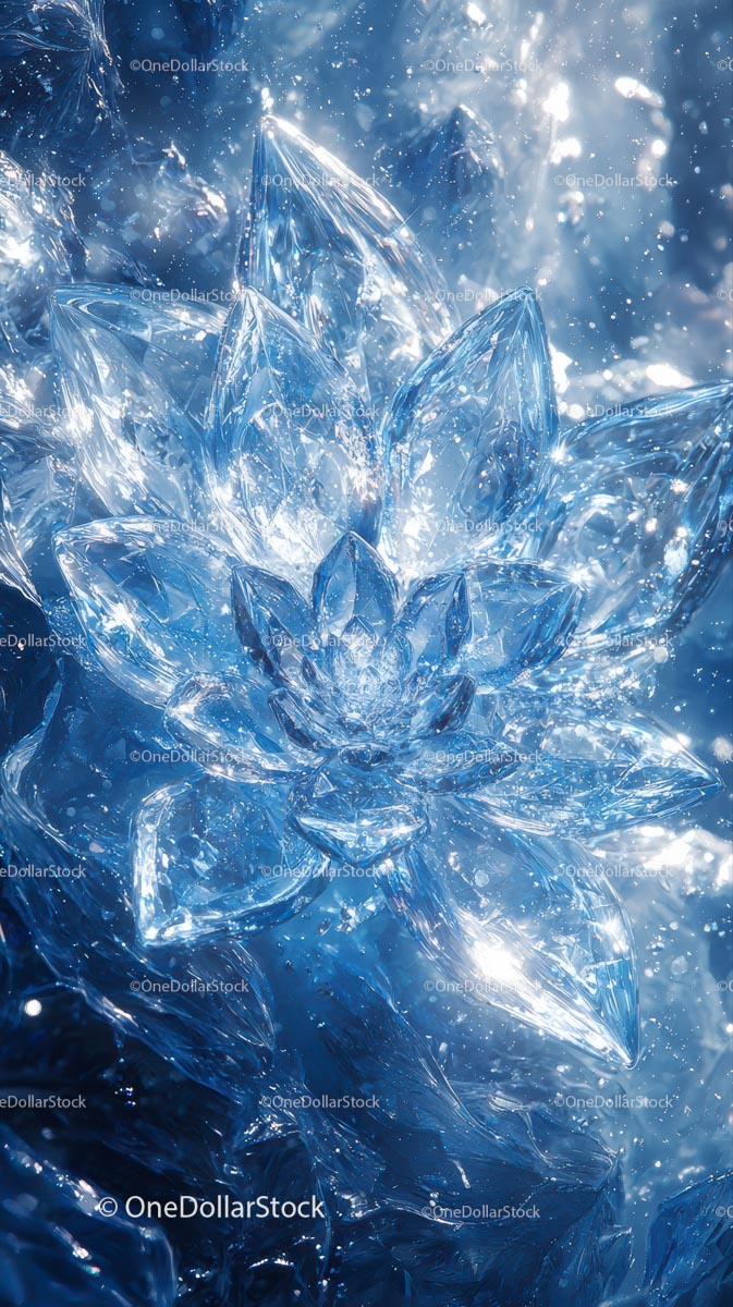 Sparkling Ice Crystal with Intricate Frost Patterns in Cool Blue Tones