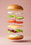 Deconstructed fresh veggie sandwich ingredients floating